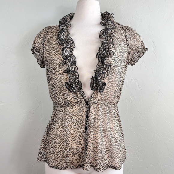 Y2k Sunny Leigh Leopard Print Sheer Ruffle Front Half Button Down V Neck Top - Picture 1 of 11